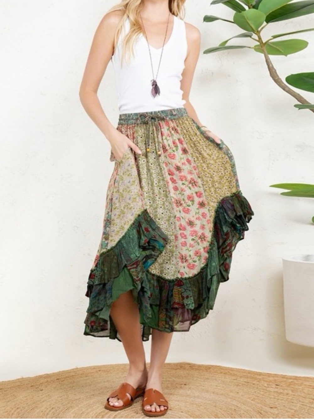 🌿 Young Threads Patchwork Floral High-Low Skirt — NWOT